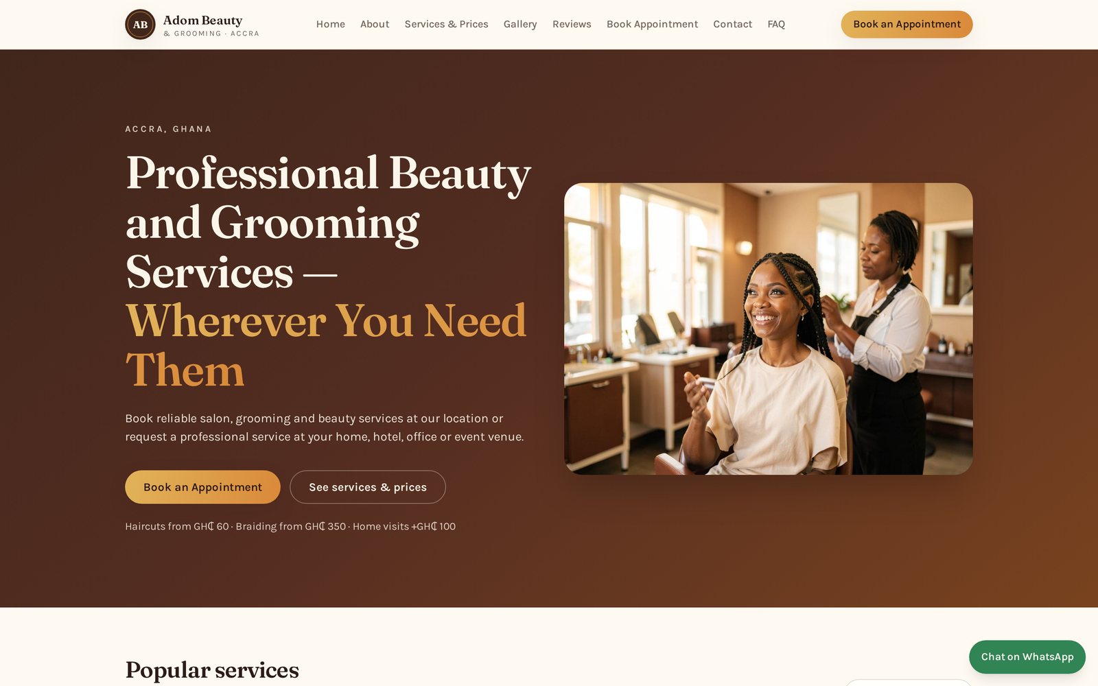 Screenshot of the Adom Beauty & Grooming Services website, a salon booking website (software development assignment) platform