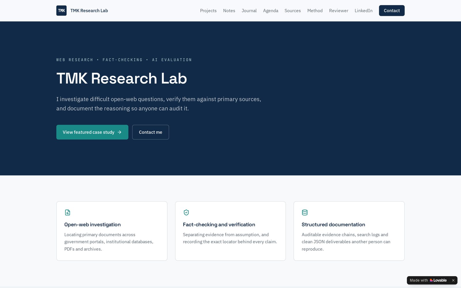 Screenshot of the TMK Research Lab website, a research portfolio platform