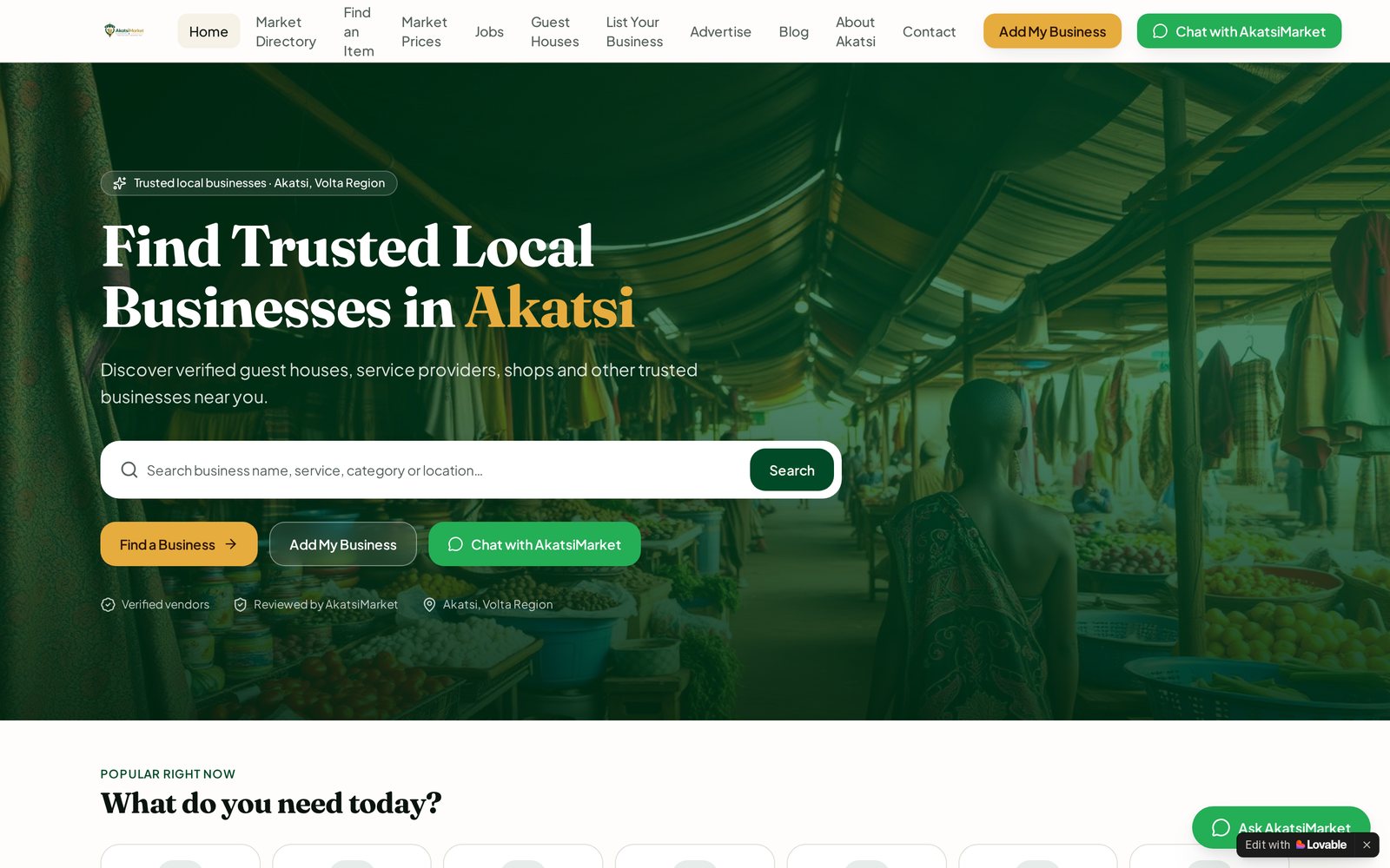 Screenshot of the AkatsiMarket website, a local business & service discovery platform