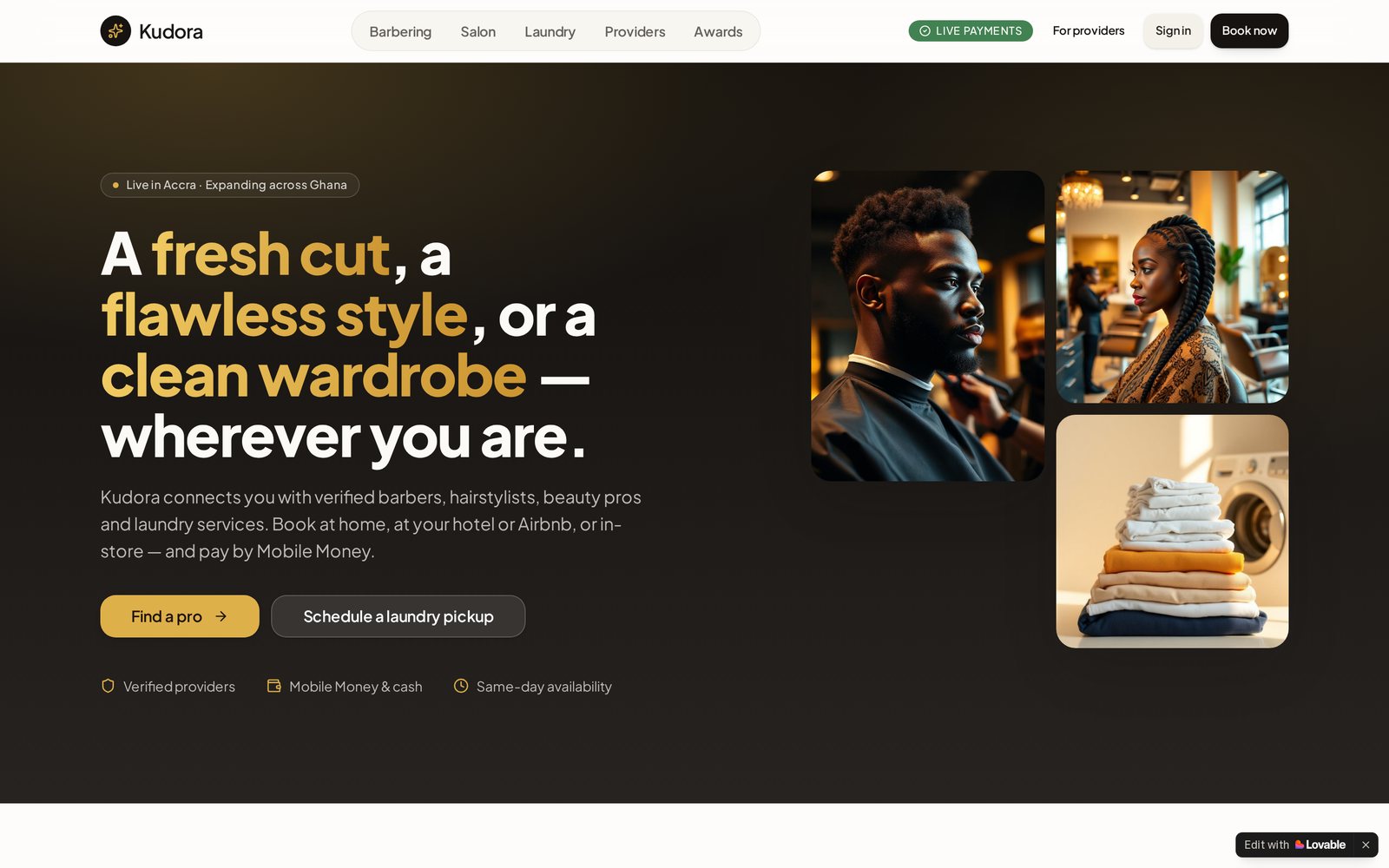 Screenshot of the Kudora website, an on-demand services marketplace platform