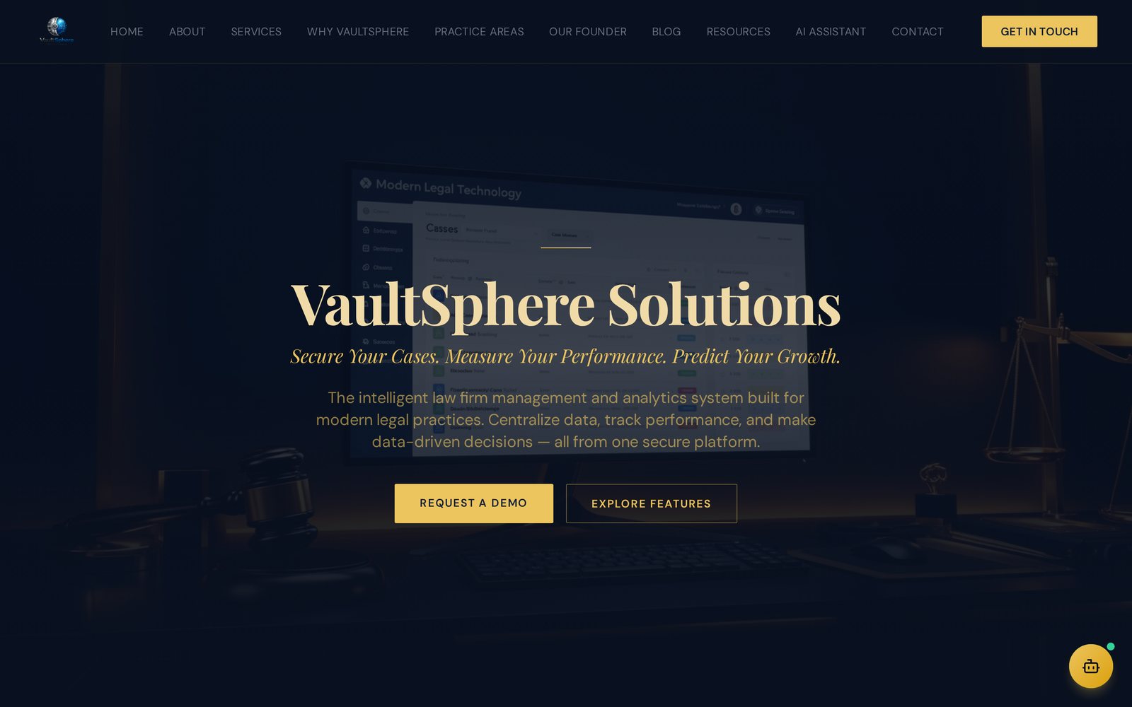 Screenshot of the VaultSphere Solutions website, a legal practice management & analytics platform platform